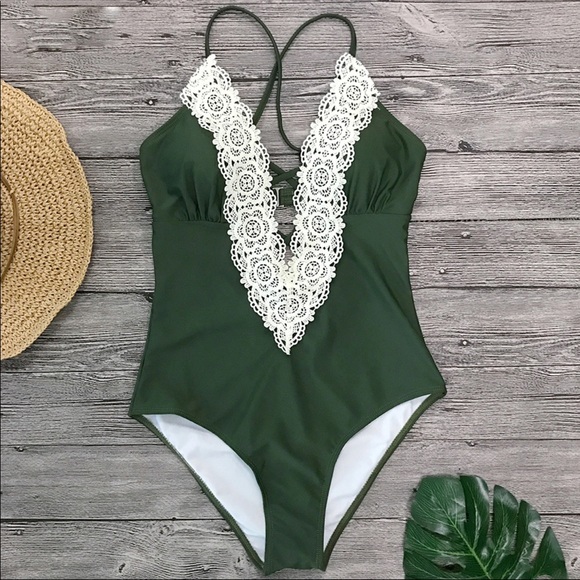 RESTOCKING! Olive One Piece Swimsuit V Neck W/Lace - Picture 3 of 8